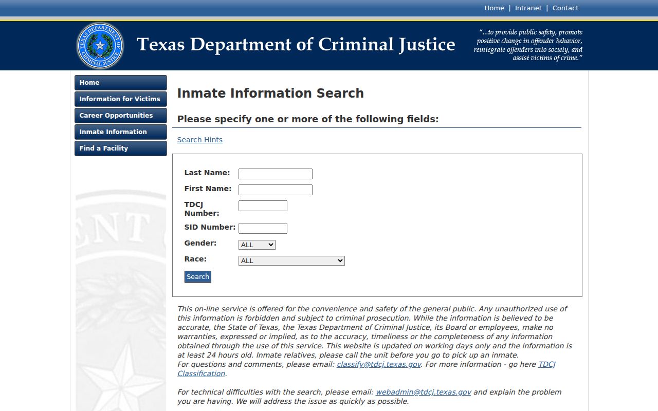 TDCJ search fields for custody after a Kent County arrest case