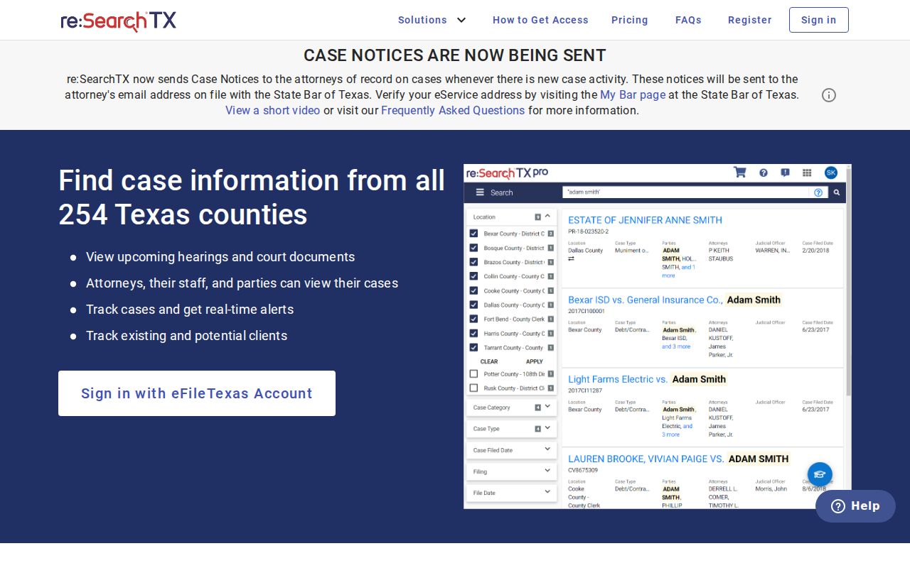 re:SearchTX entry point for Kent County criminal court case searches
