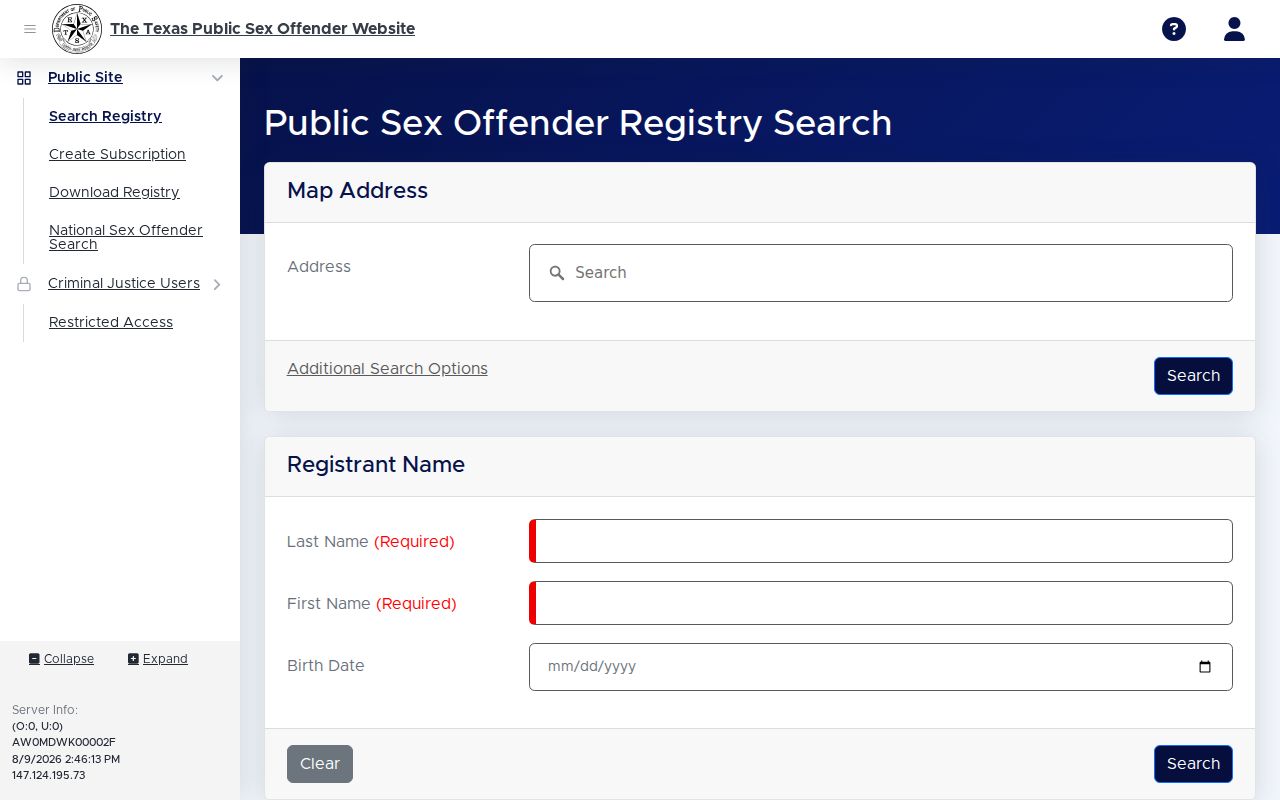 Kent County sex offender registry profile field layout from Texas DPS